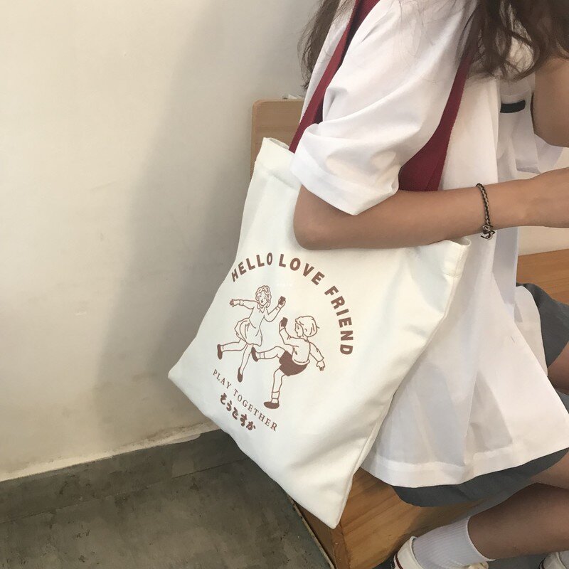 حقيبة تسوق نسائية من القماش ، قماش مطبوع ، Harajuku ، Kawaii ، أصلي ، للطلاب ، أزياء Ulzzang ، حقيبة أنيقة غير رسمية