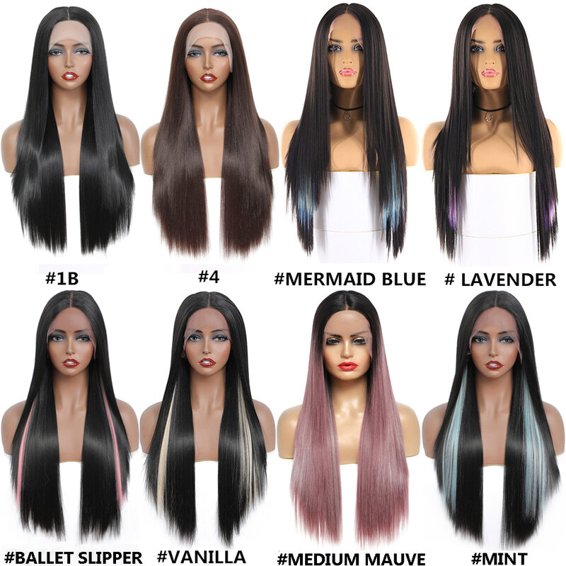 Synthetic Lace Wig With Baby Hair SOKU Heat Resistant Fiber Hair Brown Middle Part Wig Yaki Straight Hairstyle For Black Women #4