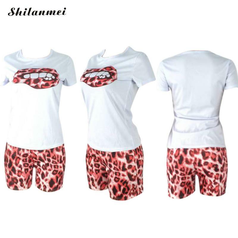 Plus Size Leopard Two Piece Set Tracksuit Lips Short Sleeve Top & Shorts Suits Club Party Matching Sets 2 Pcs Outfits for Women