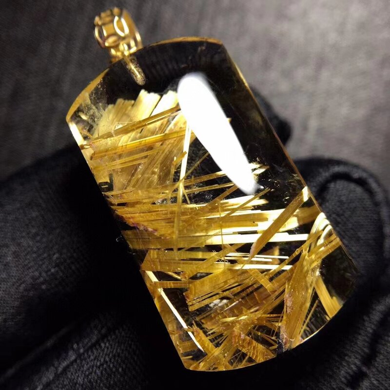 حقيقي الذهب الطبيعي Rutilated الكوارتز مستطيل قلادة 28.2*16.5*9 مللي متر كريستال موضة قلادة مجوهرات حقيقية AAAAAA