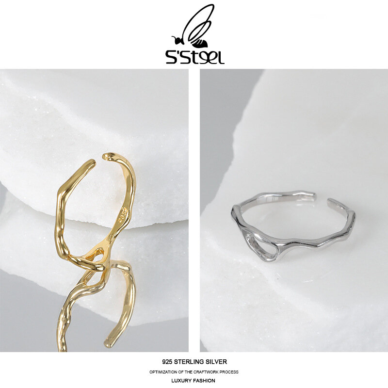 S'STEEL-خاتم من الفضة الإسترليني عيار 925 قابل للتعديل ، خاتم بتصميم بسيط وذهبي ، هدية مجوهرات راقية