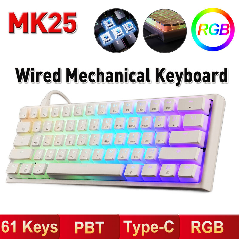 MK25 61 مفاتيح RGB لوحة مفاتيح الألعاب الميكانيكية Doubleshot بودنغ كيكابس 60% RGB الخلفية نوع-C السلكية لوحة المفاتيح الميكانيكية للكمبيوتر