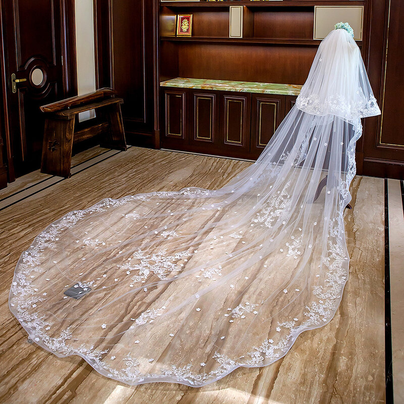 NZUK رومانسية 4 متر طرحة زفاف كاتدرائية طبقتين الدانتيل زين حجاب الزفاف طويلة مع مشط امرأة الزواج هدايا اكسسوارات