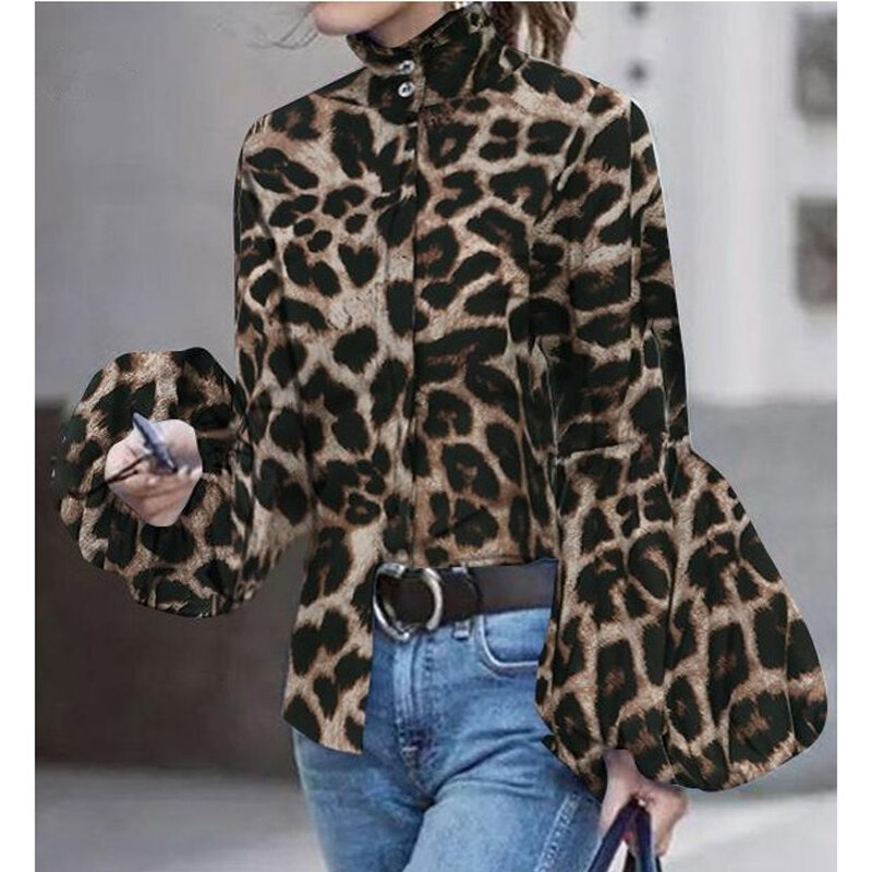 المرأة Leapard طباعة بلوزة فضفاضة عادية طويلة فانوس كم رفض طوق الخريف أعلى MX0063