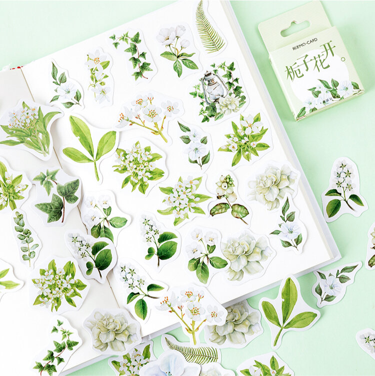 45 قطعة/صندوق نمط النبات غاردينيا زهرة الربيع تواجه سلسلة صندوق ملصقات بسيطة ، لتقوم بها بنفسك الديكور