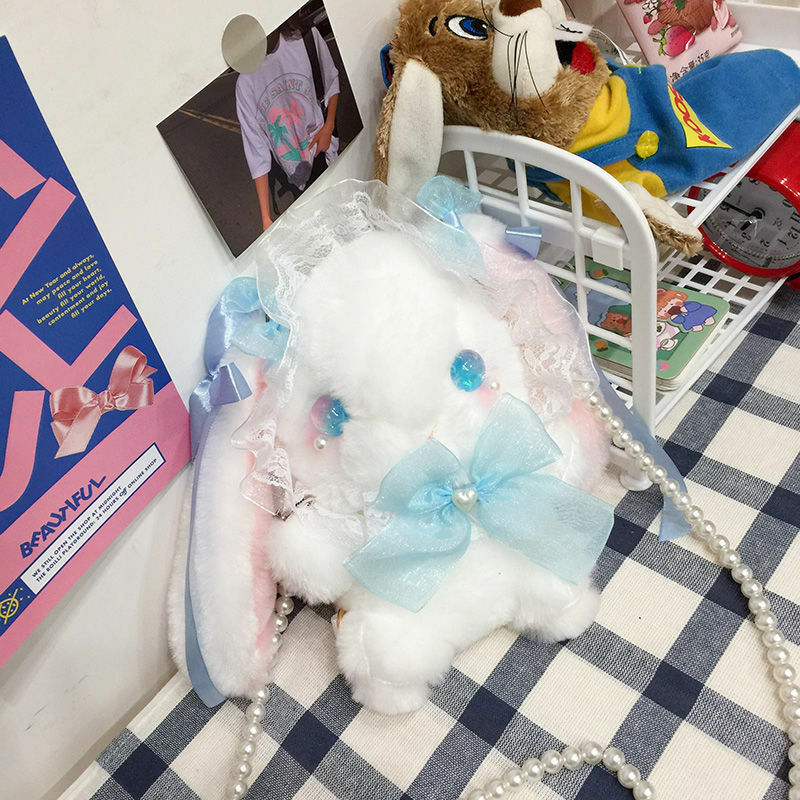 Kawaii لوليتا طويل الأذن أرنب حقيبة مع شريط اللؤلؤ اليابانية حقيبة كروسبودي زائد Harajuku حقيبة