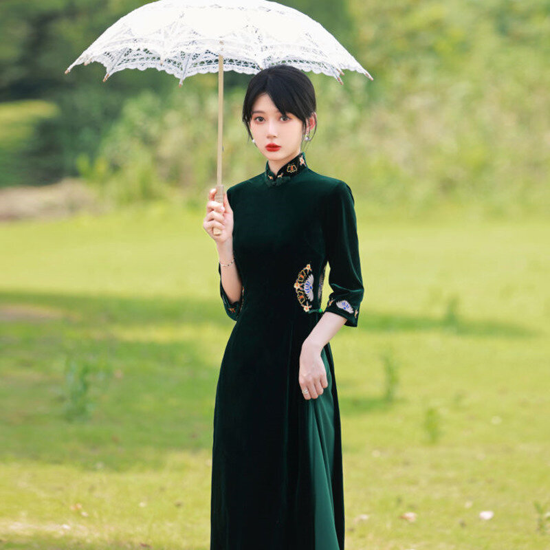 فستان طويل مطرز باللون الأخضر الداكن من تشيباو بتصميم عرقي صيني عتيق للنساء من Cheongsams رداء تقليدي أصلي جديد من Ao داي