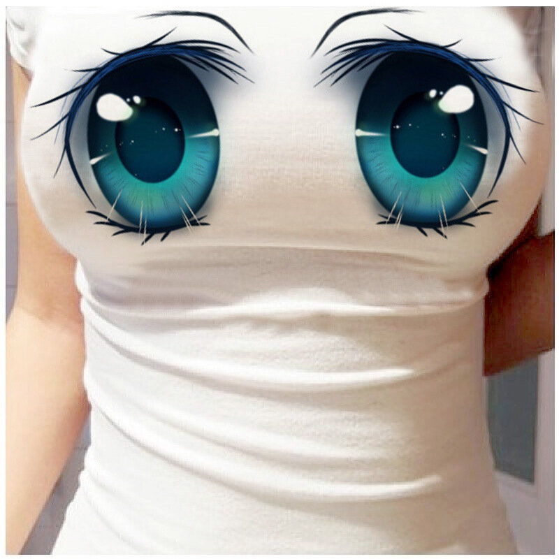 الصيف موضة قميص لطيف عيون تي شيرت المرأة بلايز الأبيض تيز Kawaii الطباعة الفتيات ملابس قصيرة الأكمام