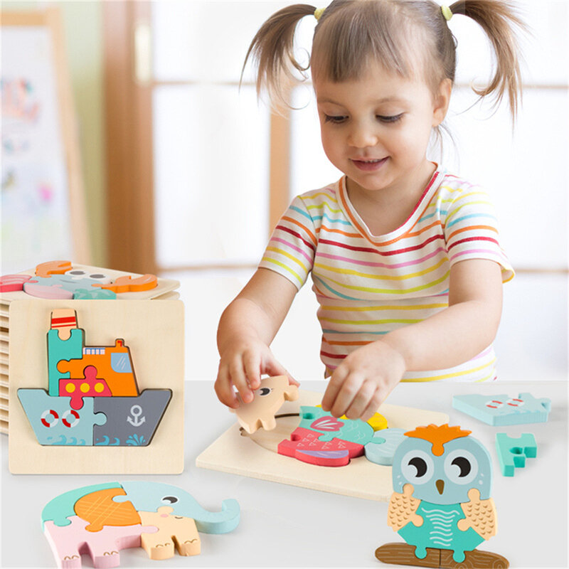 خشبية ثلاثية الأبعاد للأطفال لغز لعبة الأطفال التعليمية قطعة بازل على شكل حيوانات الطفل خشبية اللبنات ألعاب صغيرة
