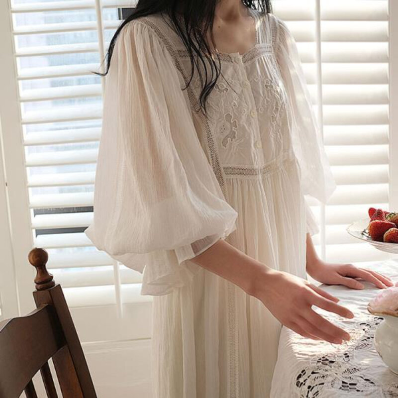 فستان سهرة قطني مطرز للنساء ربيع الخريف الأبيض الجنية رداء طويل Peignoir خمر ثوب النوم الفيكتوري الأميرة ملابس خاصة #4