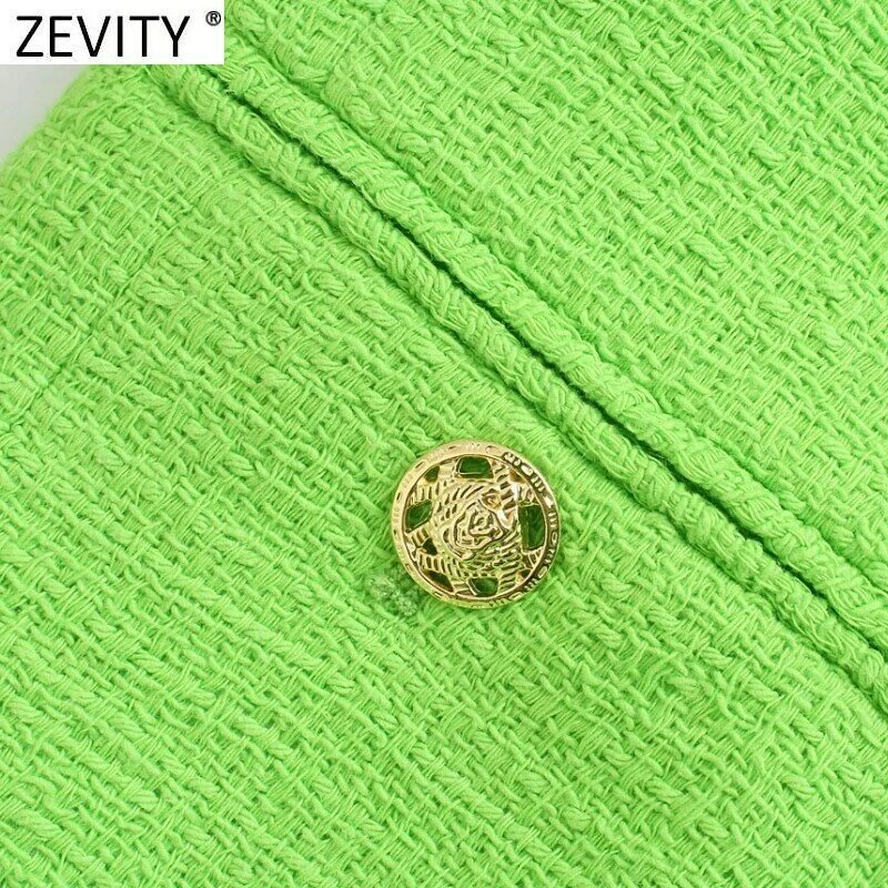 معطف نسائي قصير من Zevity بياقة مزدوجة الصدر محززة باللون الأخضر من التويد بأكمام قصيرة ملابس خارجية أنيقة CT724