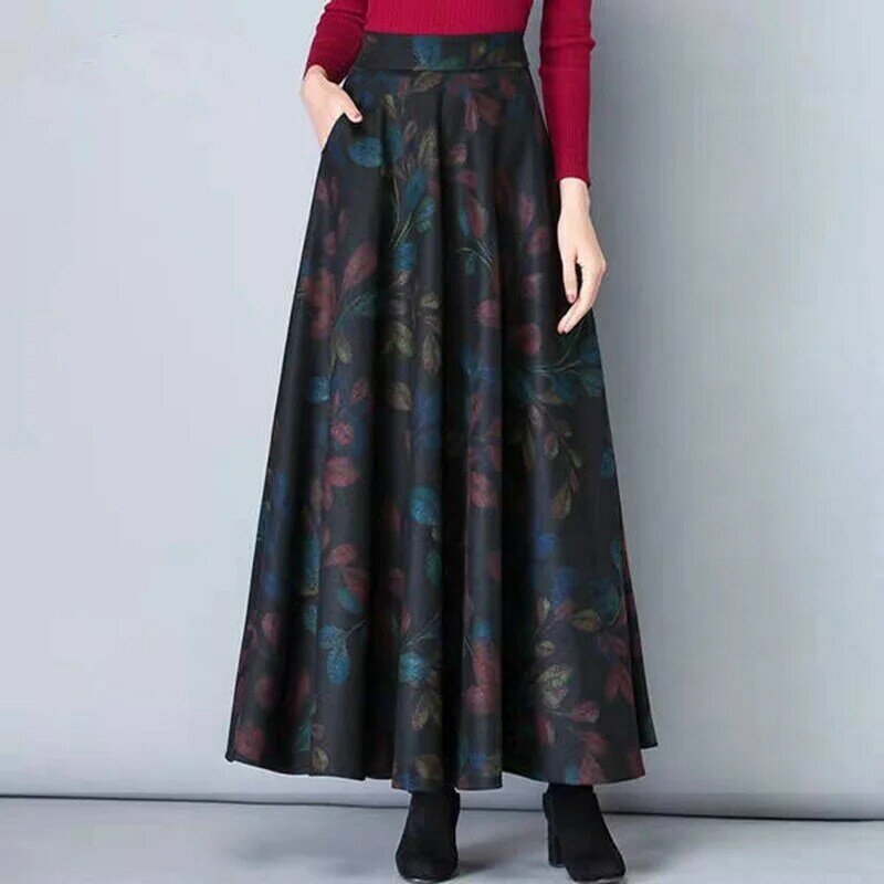 تنورة النساء السيدات الخريف الشتاء الرجعية منقوشة المطبوعة عالية الخصر تنورة فضفاضة كبيرة سوينغ مطوي 2021 Hot البيع