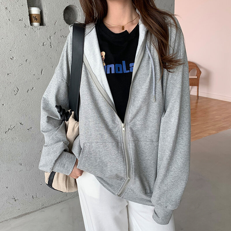 Harajuku النسخة الكورية فضفاضة رقيقة طويلة الأكمام مقنعين معطف الحماية من الشمس بلون الرجعية قميص طالب فتاة