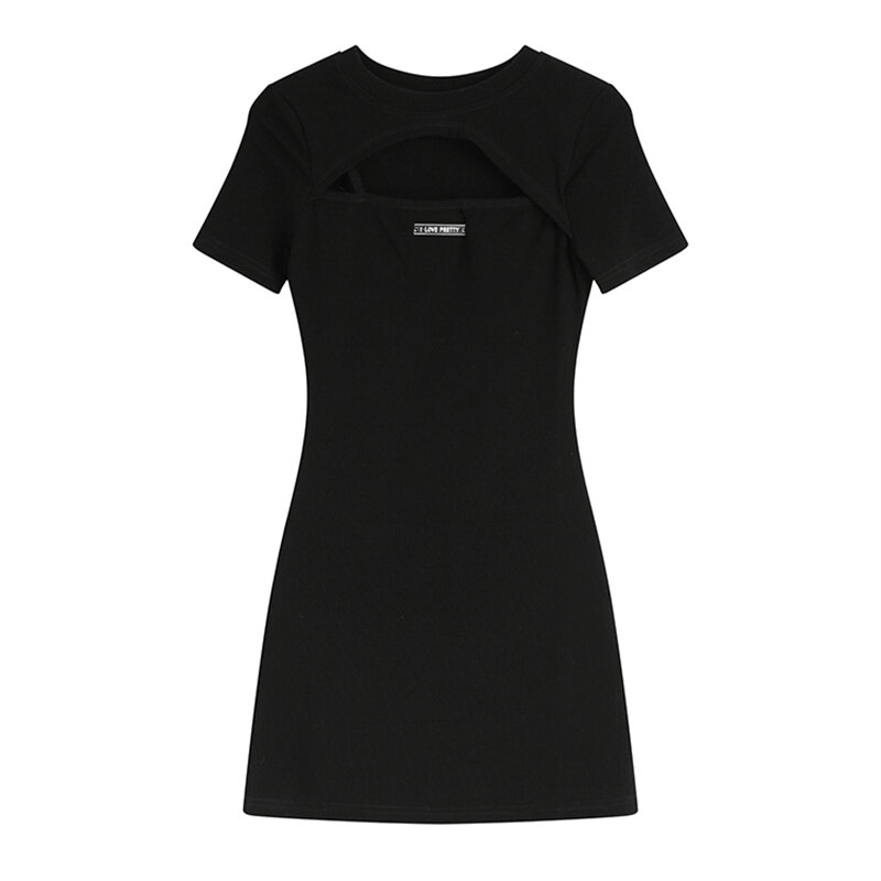 Frocks للنساء الربيع و الصيف العلامة التجارية الجديدة العصرية الأسود مثير جوفاء وهمية قطعتين فستان الإناث ضيق المناسب الورك تنورة قصيرة
