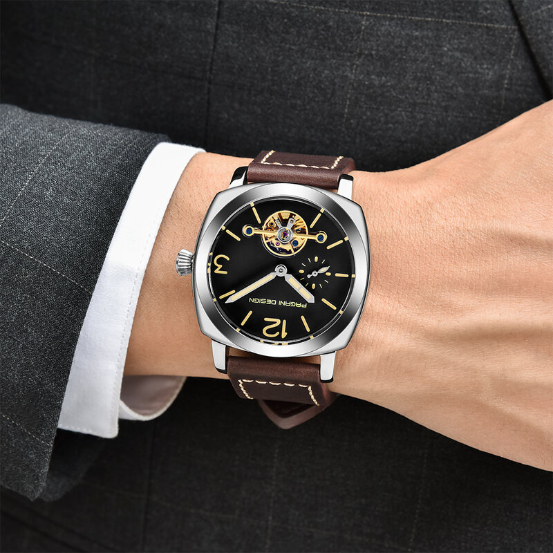 Pagani تصميم العلامة التجارية العليا الرجال ساعة ميكانيكية فاخرة جلدية موضة ساعة الفولاذ المقاوم للصدأ 30 متر مقاوم للماء ساعة Reloj Hombre
