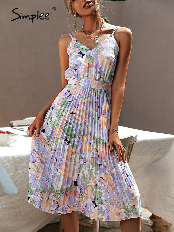 Simplee الخامس الرقبة عطلة مطوي طباعة فستان صيفي المرأة السباغيتي حزام الأزهار مثير شاطئ فستان الشمس عادية أنثى موضة vestido