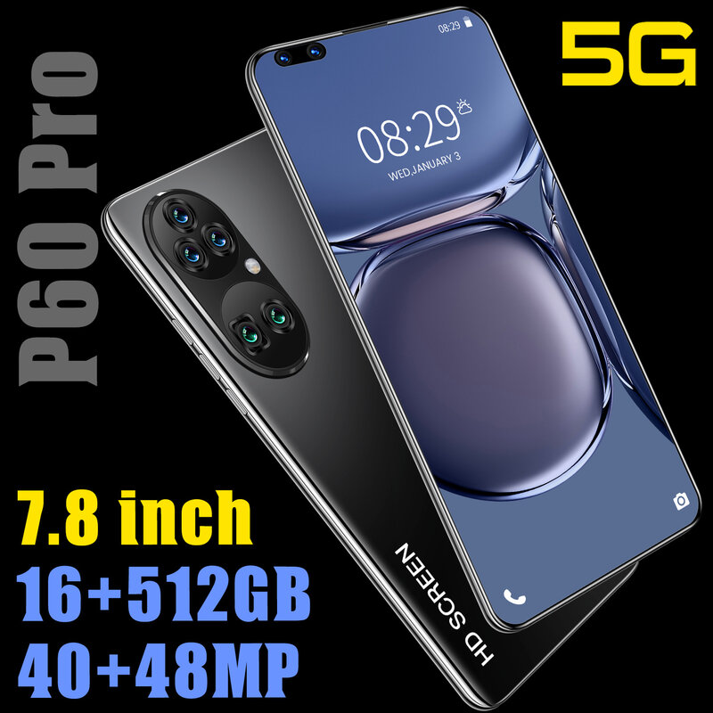 الإصدار العالمي P60 PRO شاشة 7.8 بوصة قطرة الماء أندرويد 11.0 الهاتف الذكي 16GB RAM 512GB ROM 40MP + 48MP 5600mAh المزدوج سيم 5G الهاتف