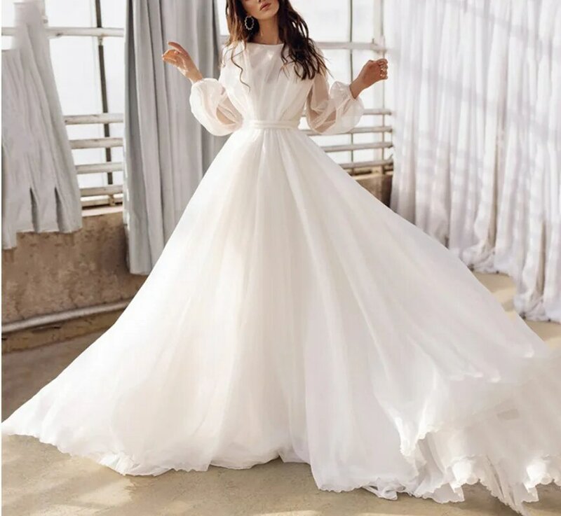 الأميرة فستان الزفاف 2020 ألف خط نفخة الأكمام زي العرائس مفتوحة الخامس الظهر الأميرة بوهو ثوب زفاف حجم كبير Vestido De Noiva
