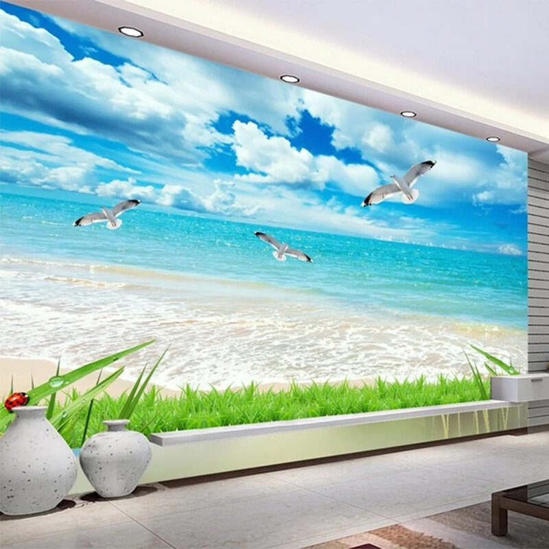 صور خلفيات 3D الساحلية المشهد الجداريات غرفة المعيشة التلفزيون أريكة الحديثة بسيطة المنزل ديكور جدار اللوحة Papel دي Parede 3 د سالا #1