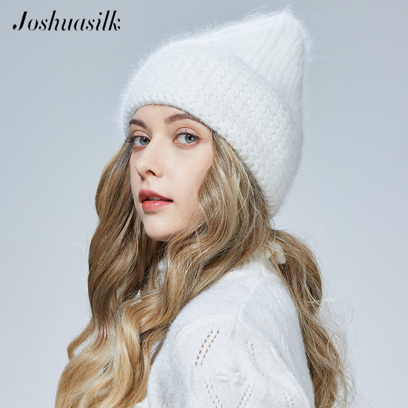 JOSHUASILK نمط جديد الأنجورا الصوف قبعة تدفئة قبعة وقفازات 8 خيارات اللون شعبية الحياكة السيدات والاطفال الاختيار