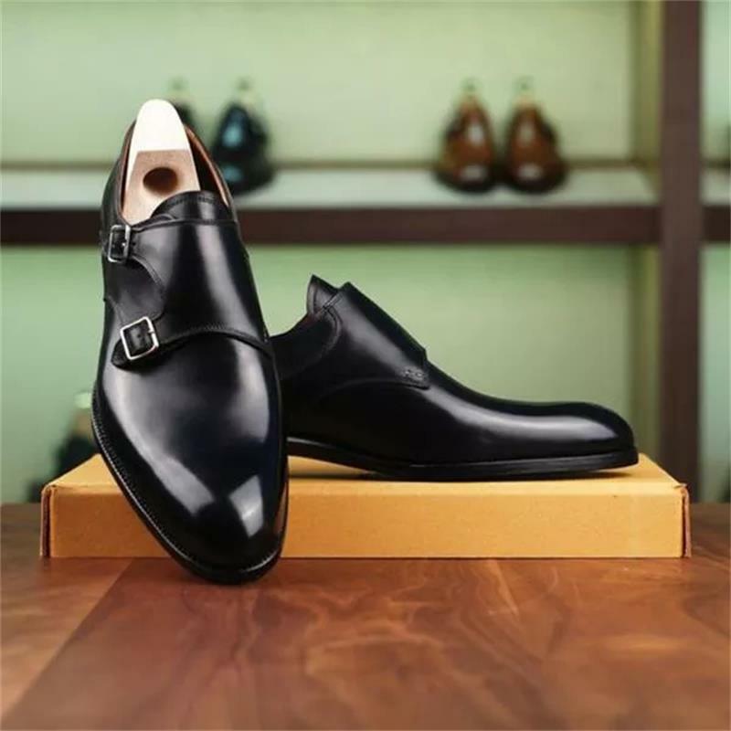 جديد الرجال موضة الاتجاه الأعمال فستان كاجوال أحذية اليدوية الأسود بولي Polished مصقول الكلاسيكية مستديرة رئيس مزدوجة مشبك الراهب أحذية 3KC568