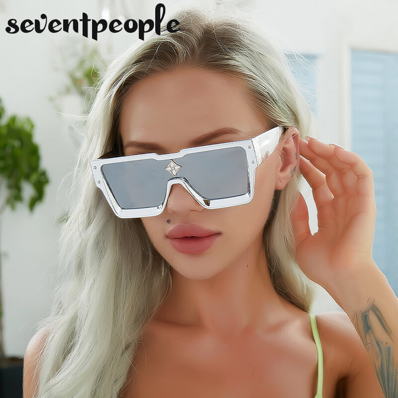 المتضخم مربع النظارات الشمسية النساء 2021 موضة إطار كبير قطعة واحدة الماس نظارات شمسية للإناث كبيرة مسطحة أفضل النظارات للجنسين