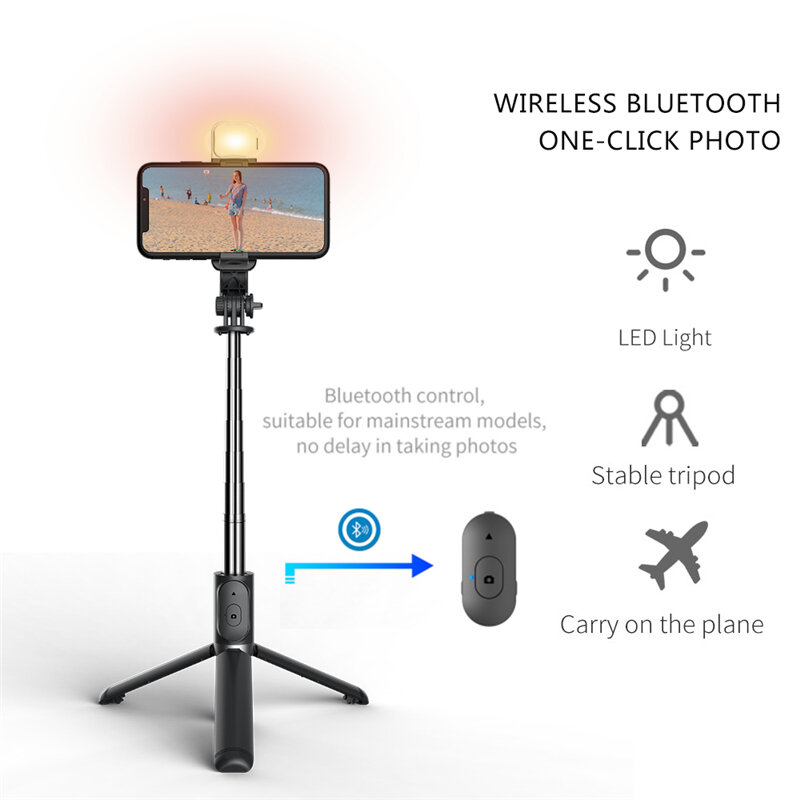 FANGTUOSI 2022 نمط جديد سماعة لاسلكية تعمل بالبلوتوث selfie عصا قابلة للطي ترايبود صغير مع ملء ضوء للهواتف الذكية IOS أندرويد