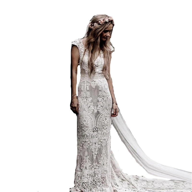 2021 قصيرة الأكمام الدانتيل غمد بوهو حورية البحر فستان الزفاف الخامس الرقبة البوهيمي العروس صور حقيقية مخصص