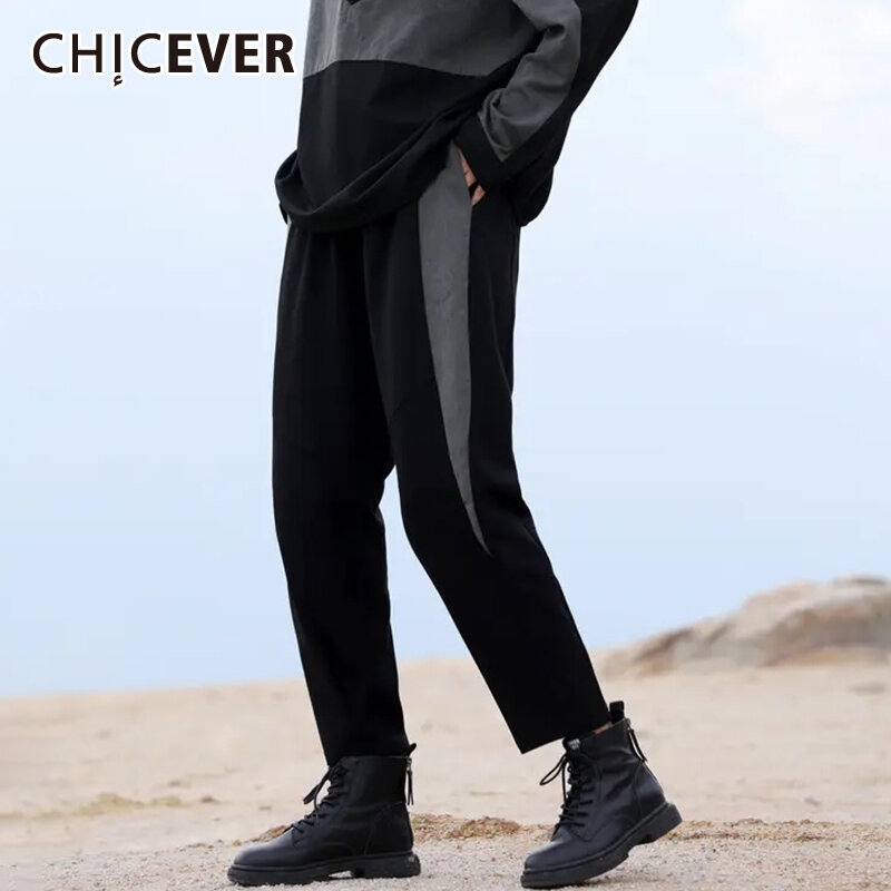 CHICEVER عادية بانت للنساء مرونة الخصر Colorblock المرقعة جيوب كامل طول سروال شكل قلم رصاص الإناث 2021 الخريف الملابس
