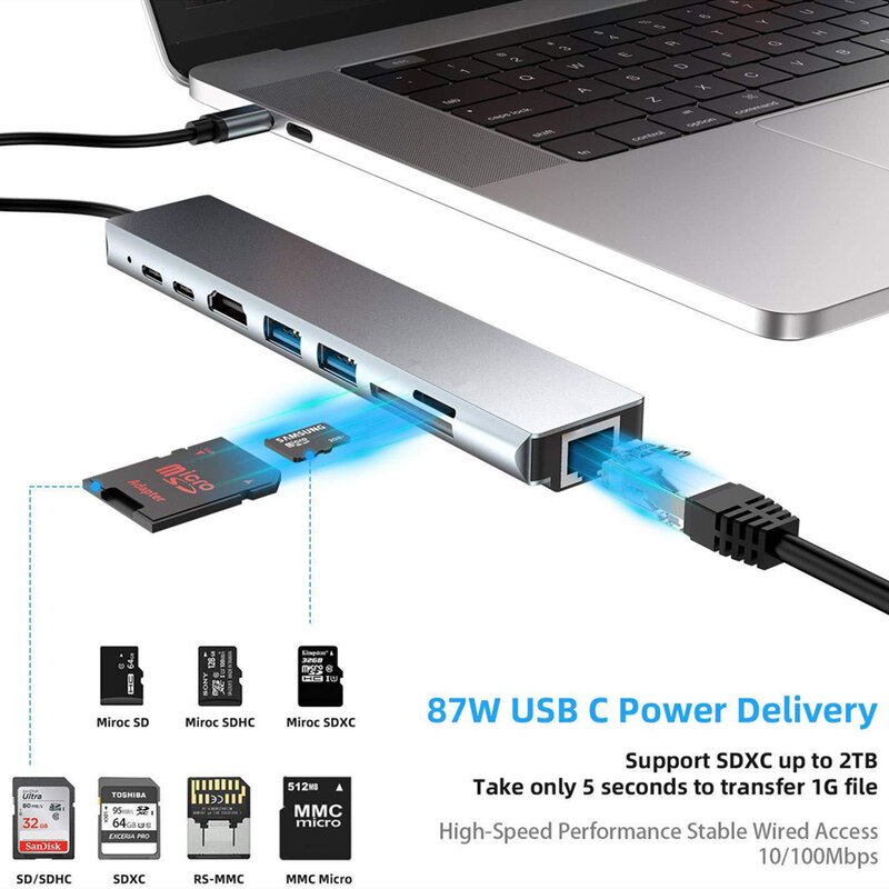 USB C Hub Type-C 3.1 to 4K HDMI-متوافق مع RJ45 USB SD/TF قارئ بطاقة PD شحن سريع 8-in-1 USB قفص الاتهام لماك بوك اير برو PC HUB