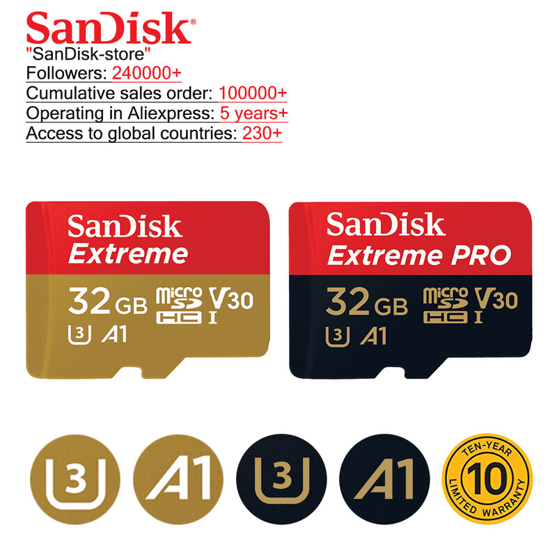 سانديسك-بطاقة مايكرو اس دي 100% أصلية ، A1A2 ، TF ، فئة 10 ، 16 جيجا ، 32 جيجا ، 64 جيجا ، 128 جيجا ، بطاقة ذاكرة ، بطاقة فيديو u3