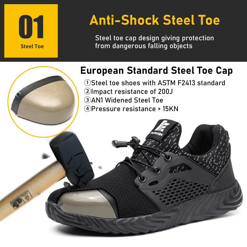Furuian Steel حذاء مزود بفتحة للأصابع للرجال خفيف الوزن غير قابل للتدمير أحذية رياضية للرجال ثقب برهان مريح الانزلاق على أحذية أمان