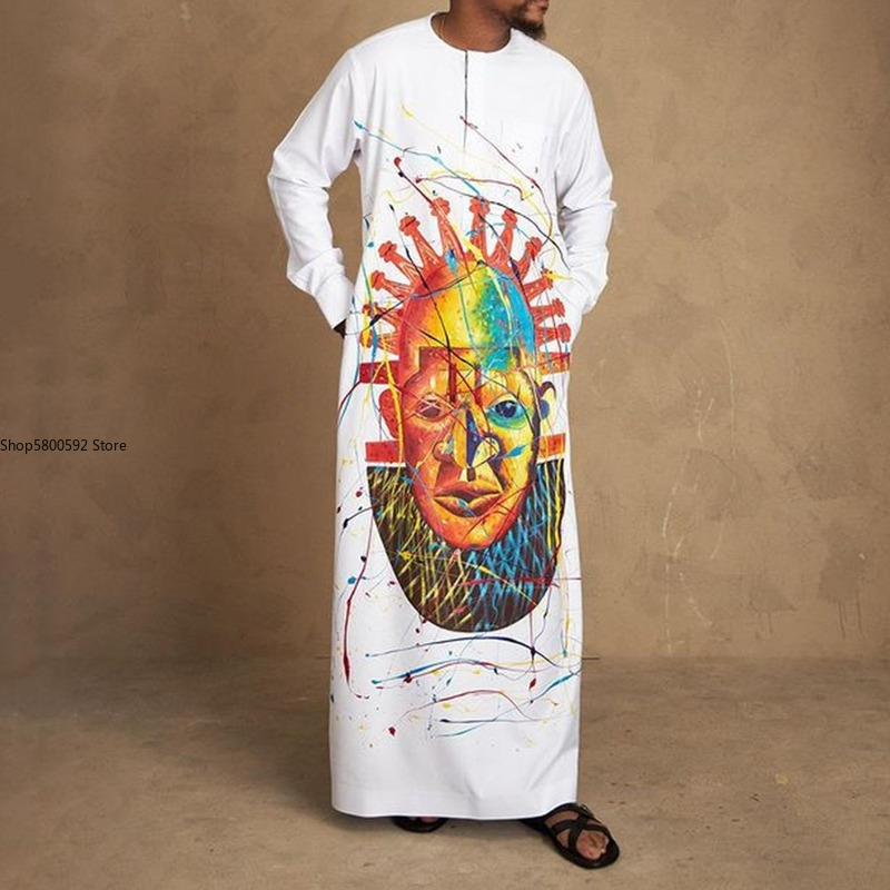 الإسلام عباية الأبيض طباعة رداء ملابس مسلم Jubba ثوب الرجال موضة الأفريقية قميص طويل التقليدية بأكمام طويلة رداء غير رسمي