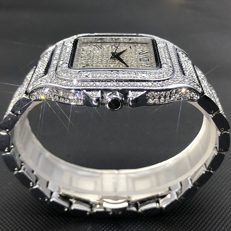 MISSFOX الجليد خارج ساعة مربعة للرجال العلامة التجارية الفاخرة كامل الماس رجالي ساعات رقيقة جدا مقاوم للماء الهيب هوب ساعة دروبشيبينغ