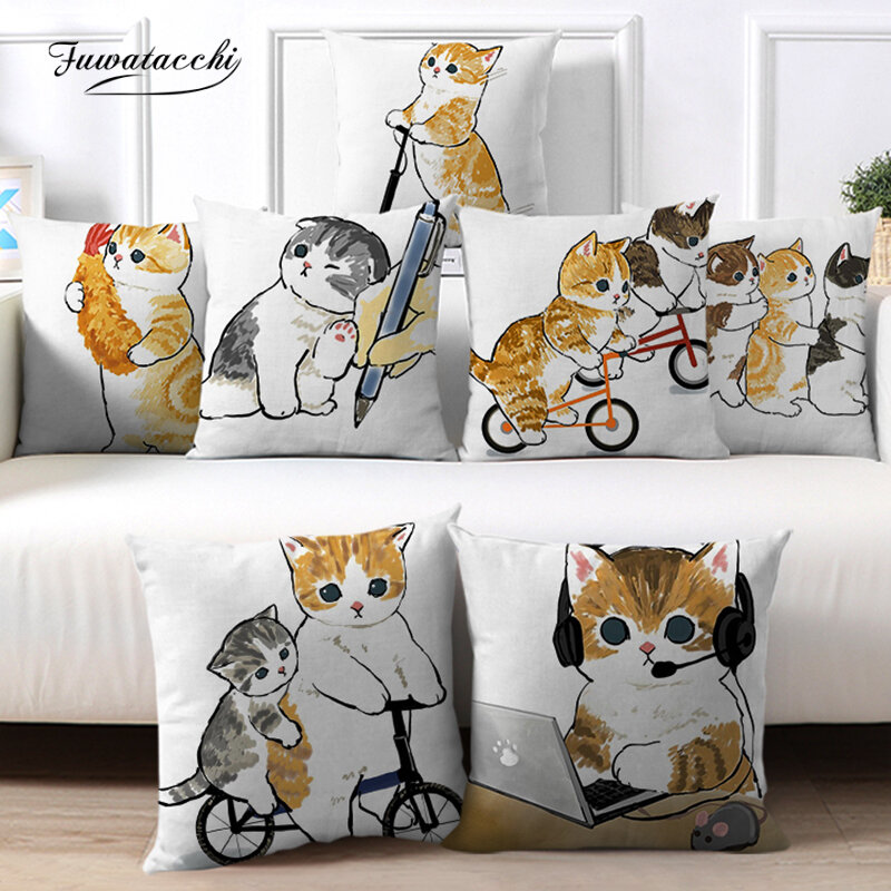 Fuwatacchi غطاء الوسادة لطيف القط المنزل وسادة للديكور غطاء مضحك الحيوانات المطبوعة المخدة ل أريكة كرسي ديكور غرفة نوم