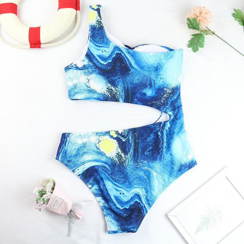 الأزرق قطعة واحدة ملابس السباحة النساء 2021 جديد رفع مبطن مثير بحر كتف واحد ملابس السباحة الإناث الصيف ثوب السباحة Monokini