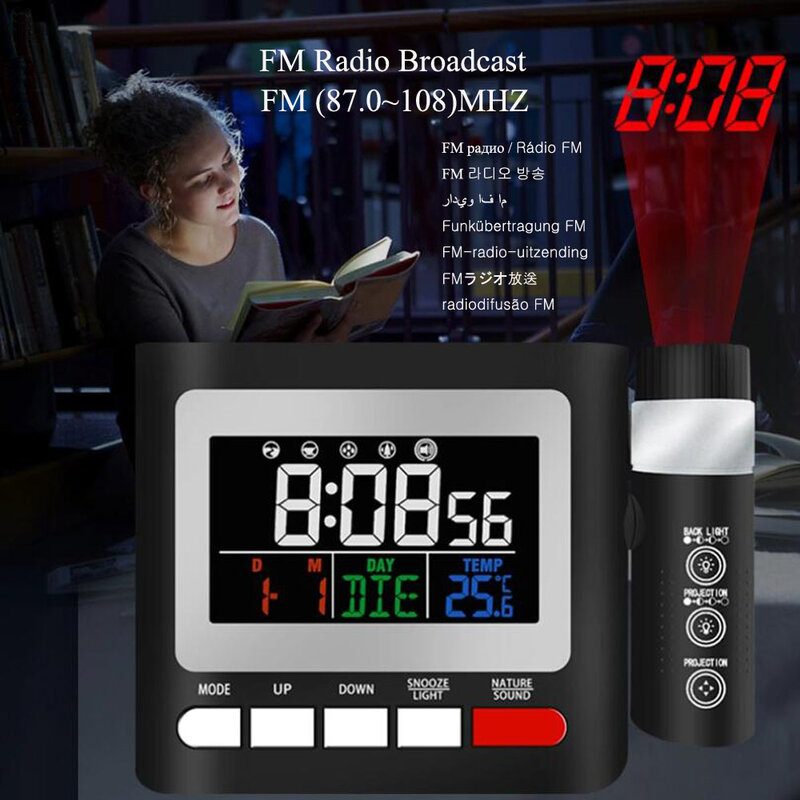 غرفة نوم الرقمية راديو FM ساعة تنبيه الإسقاط مع العارض ، واجهة شاحن الهاتف ، ميزان الحرارة درجة الحرارة والتقويم