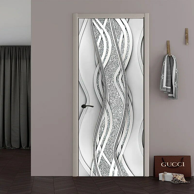 ثلاثية الأبعاد الفضة هندسية الباب ملصق الذاتي لاصق الفينيل الباب ملصق مقاوم للماء ديكور المنزل مائي