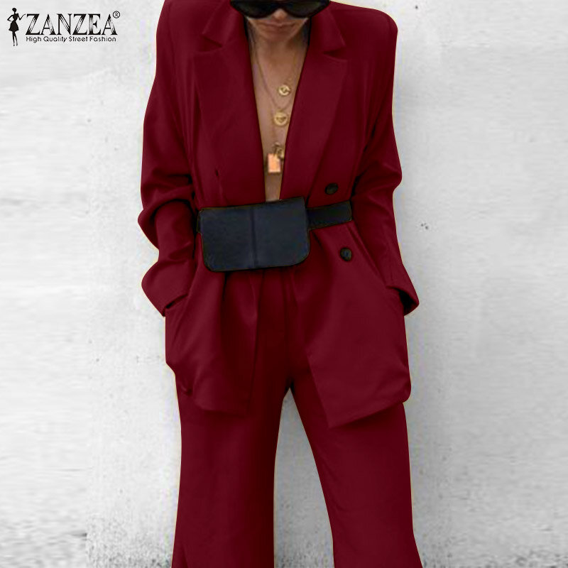 ZANZEA موضة البليزر يناسب المرأة الصلبة معطف وسراويل 2021 الخريف OL ماكسي 2 قطع مجموعات الإناث السترات كبيرة الحجم وبنطلون مستقيم