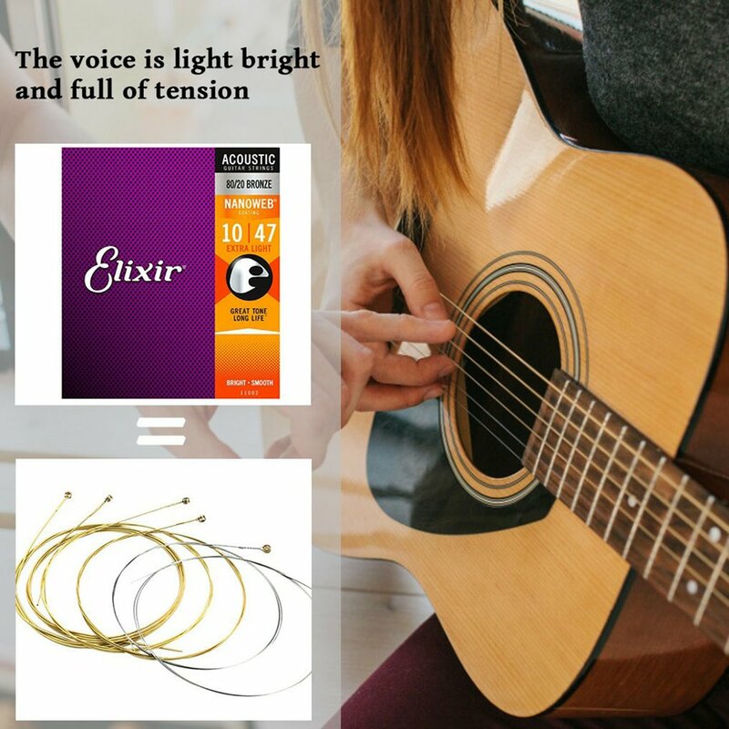 أوتار الجيتار الكهربائي إليكسير طلاء النانو ويب 80/20 أوتار جيتار صوتية برونزية مضادة للصدأ أوتار مخصصة خفيفة 012-053