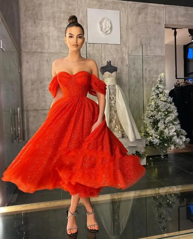 2021 فستان أنيق للحفلات الراقصة أحمر قبالة الكتف طول الشاي لامعة المشاهير فستان حفلات الزفاف للتخرج vestidos de fiesta