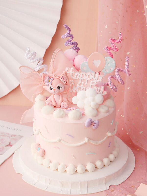 لطيف الوردي الثعلب القوس زهرة كعكة القبعات العالية فتاة عيد ميلاد الحلوى الديكور للأطفال يوم لوازم الحفلات هدايا جميلة