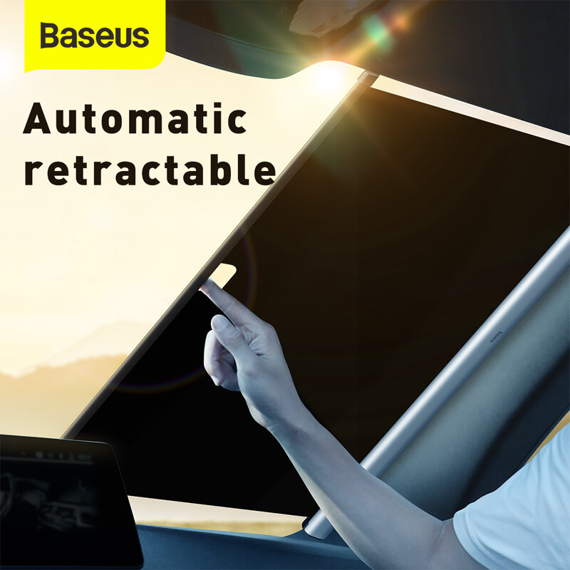 Baseus-مظلة السيارة, غطاء نافذة السيارة لزجاج أمامي قابل للسحب كتلة الشمس الأمامية للسيارة نافذة خلفية أوتوماتيكية مظلة ستارة قابلة للطي