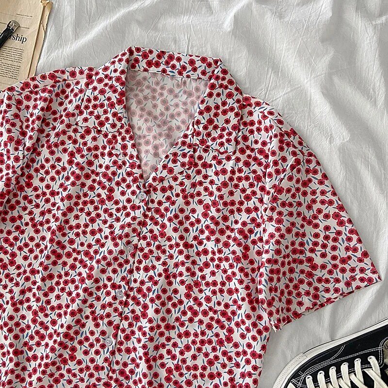 EBAIHUI الصيف Harajuku المرأة قميص خمر الأزهار طباعة بلوزة الإناث عادية فضفاضة قصيرة الأكمام زر حتى قميص القمم Mujer