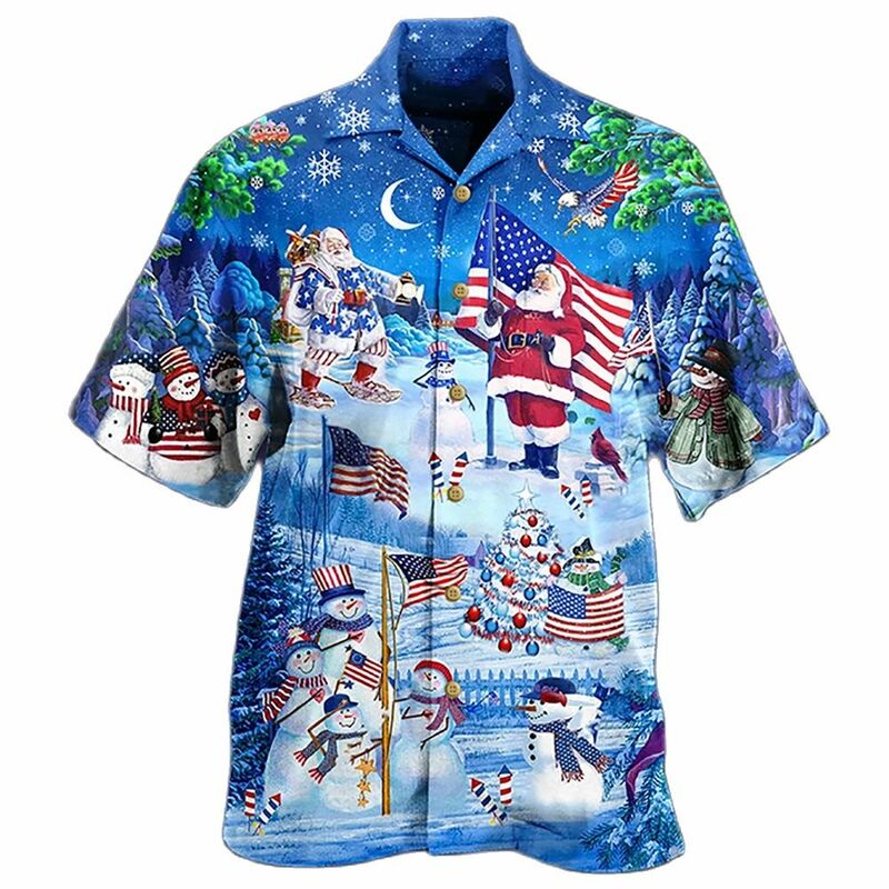 قمصان رجالية موضة الكريسماس سانتا كريسماس هاواي للشاطئ قمصان كاجول بزر واحد مطبوع عليها قطة بلوزات قصيرة الأكمام