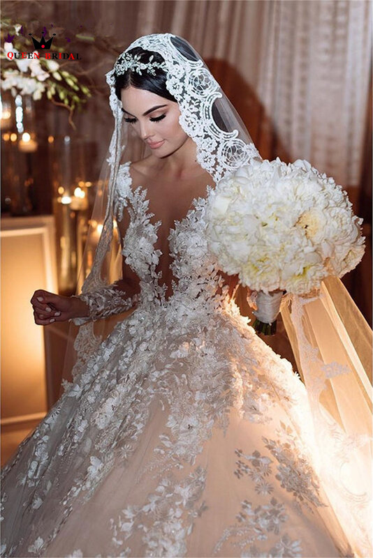 فساتين زفاف فاخرة عتيقة بأكمام طويلة من التل الدانتيل زينة فستان زفاف 2022 تصميم جديد مخصص DS126