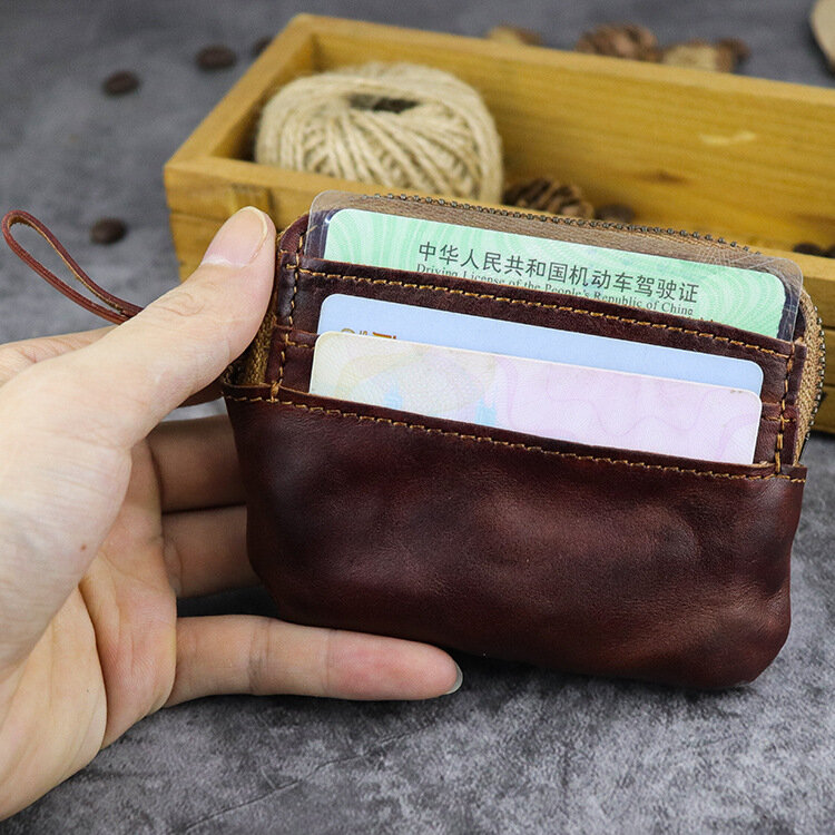 الطبقة الأولى حافظة بطاقات جلدية حقيقية محفظة عملة حقيبة سستة محفظة تصميم خمر