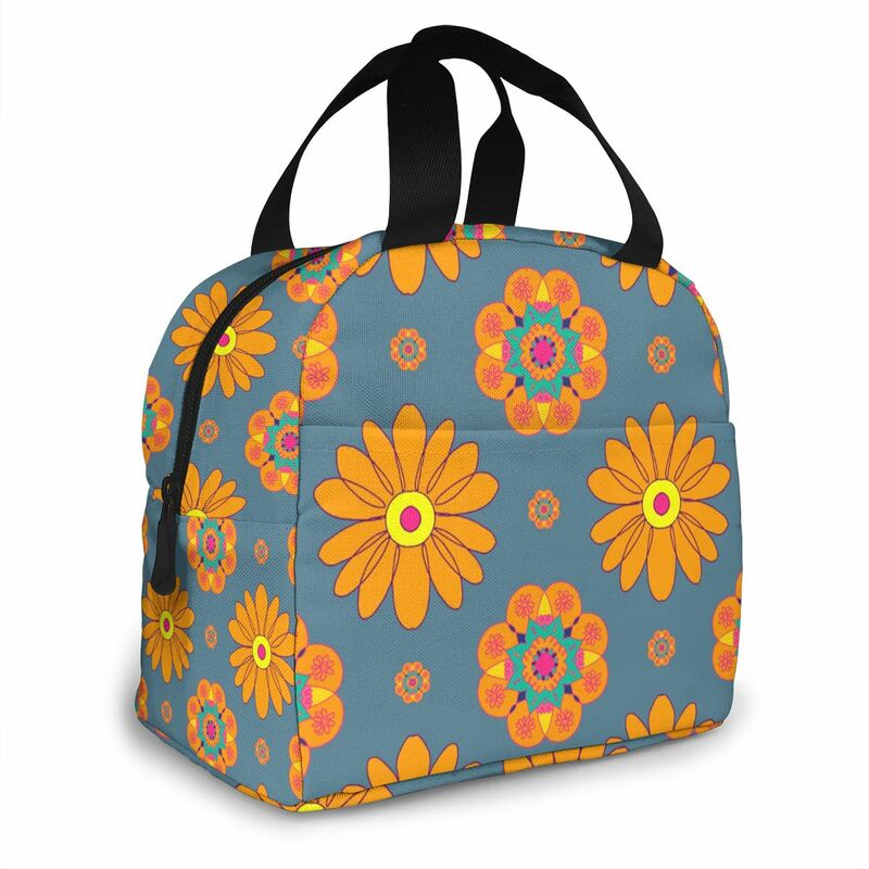 Marigold Flower Pattern Lunch Food Box Bag Insulated Thermal Food Picnic Lunch Bag for Women kids Men Cooler Tote Bag