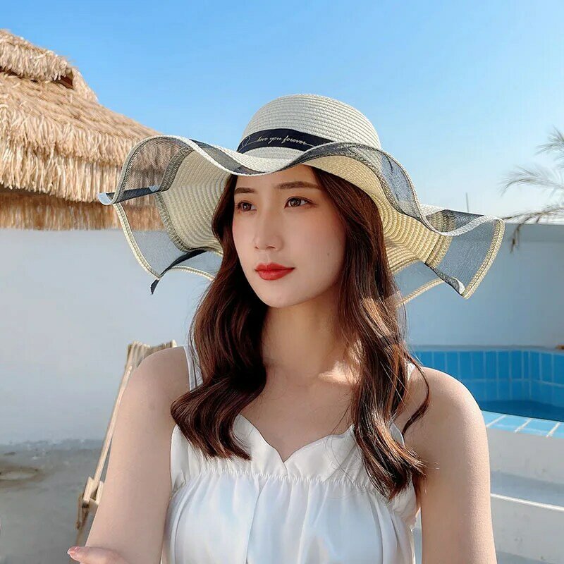 جديد قبعة من القش بحافة عريضة الدانتيل قبعات الشاطئ النساء أزياء السيدات الصيف UV حماية طوي الشمس الظل قبعة قبعة الشمس #5