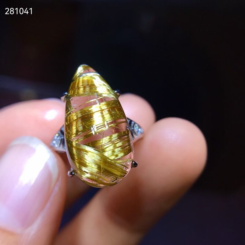 الذهب الطبيعي Rutilated الكوارتز النساء خاتم قابل للتعديل 925 الفضة 21.3/11.3 مللي متر قطرة الماء الكرة الخرز AAAAAA حقيقية